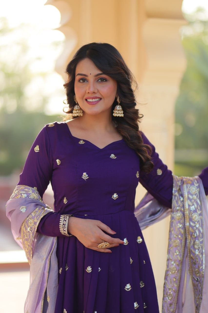 Purple Elegant Star Georgette Embroidered Gown with Fancy Neck & Designer Fendi Dupatta – Full Sleeve Flared, Lined Cotton Inner