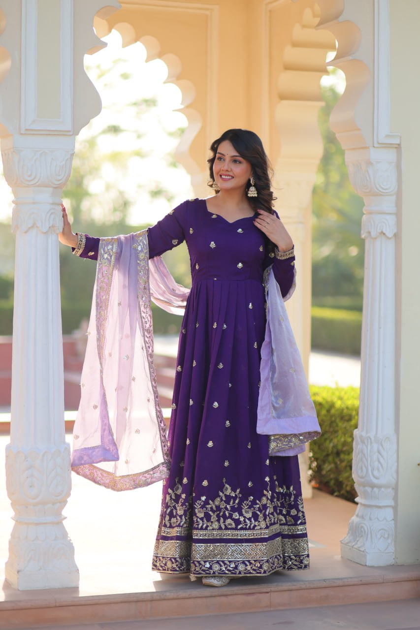 Purple Elegant Star Georgette Embroidered Gown with Fancy Neck & Designer Fendi Dupatta – Full Sleeve Flared, Lined Cotton Inner
