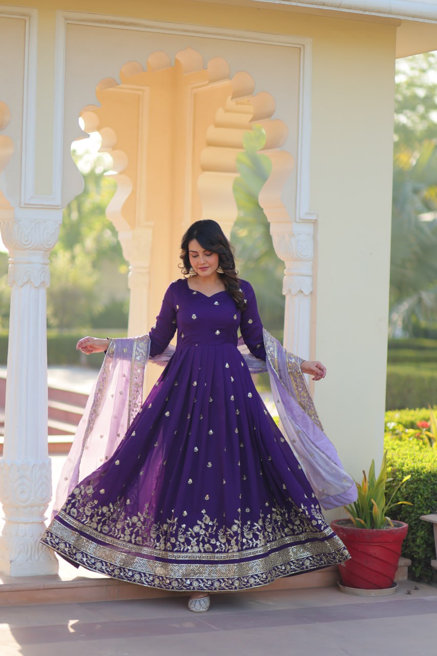 Purple Elegant Star Georgette Embroidered Gown with Fancy Neck & Designer Fendi Dupatta – Full Sleeve Flared, Lined Cotton Inner