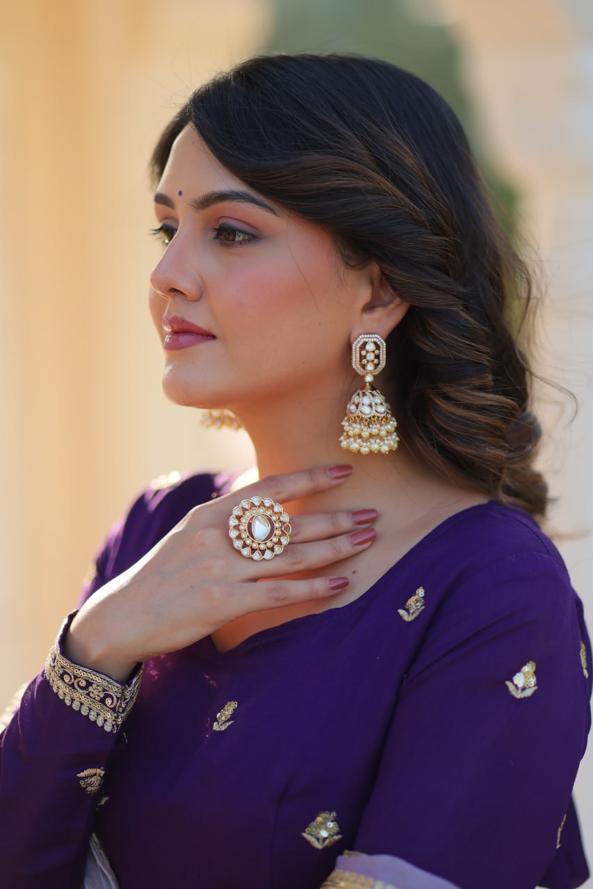 Purple Elegant Star Georgette Embroidered Gown with Fancy Neck & Designer Fendi Dupatta – Full Sleeve Flared, Lined Cotton Inner
