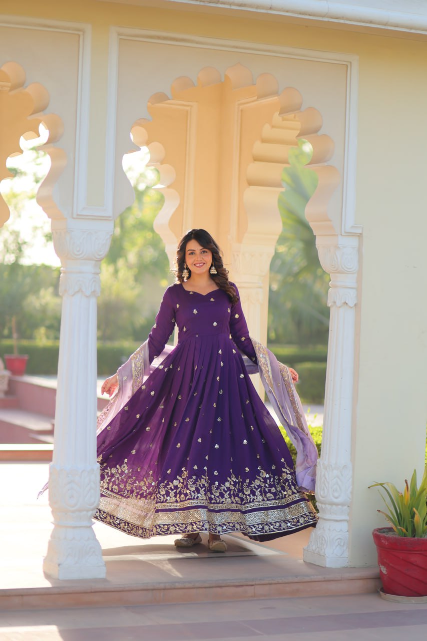 Purple Elegant Star Georgette Embroidered Gown with Fancy Neck & Designer Fendi Dupatta – Full Sleeve Flared, Lined Cotton Inner