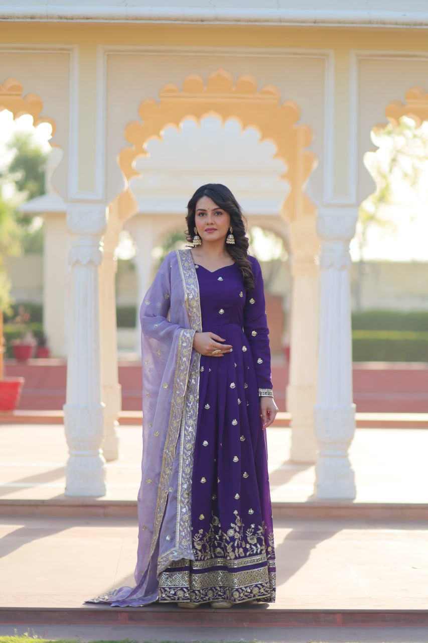 Purple Elegant Star Georgette Embroidered Gown with Fancy Neck & Designer Fendi Dupatta – Full Sleeve Flared, Lined Cotton Inner