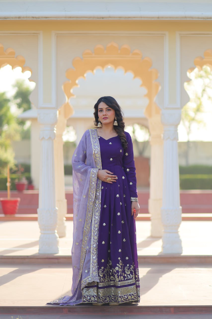 Purple Elegant Star Georgette Embroidered Gown with Fancy Neck & Designer Fendi Dupatta – Full Sleeve Flared, Lined Cotton Inner