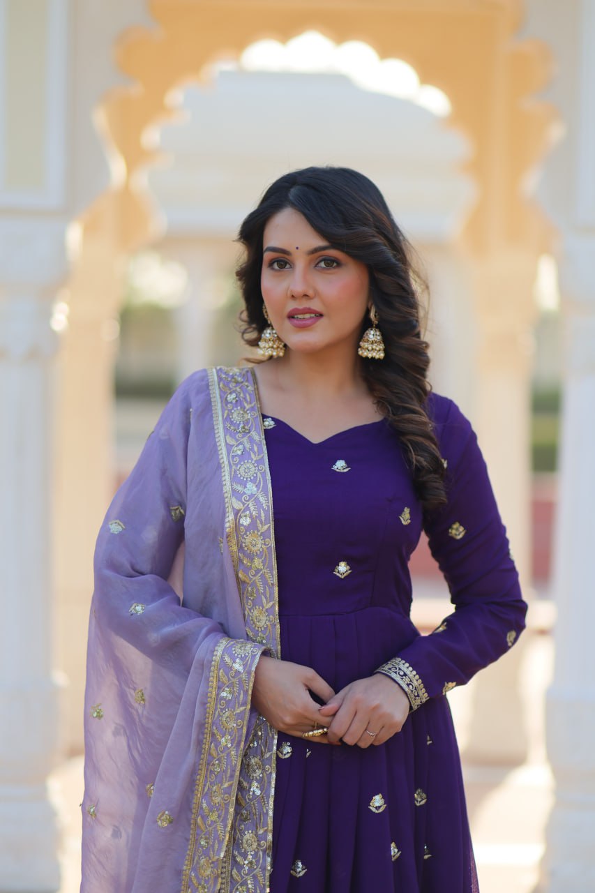 Purple Elegant Star Georgette Embroidered Gown with Fancy Neck & Designer Fendi Dupatta – Full Sleeve Flared, Lined Cotton Inner
