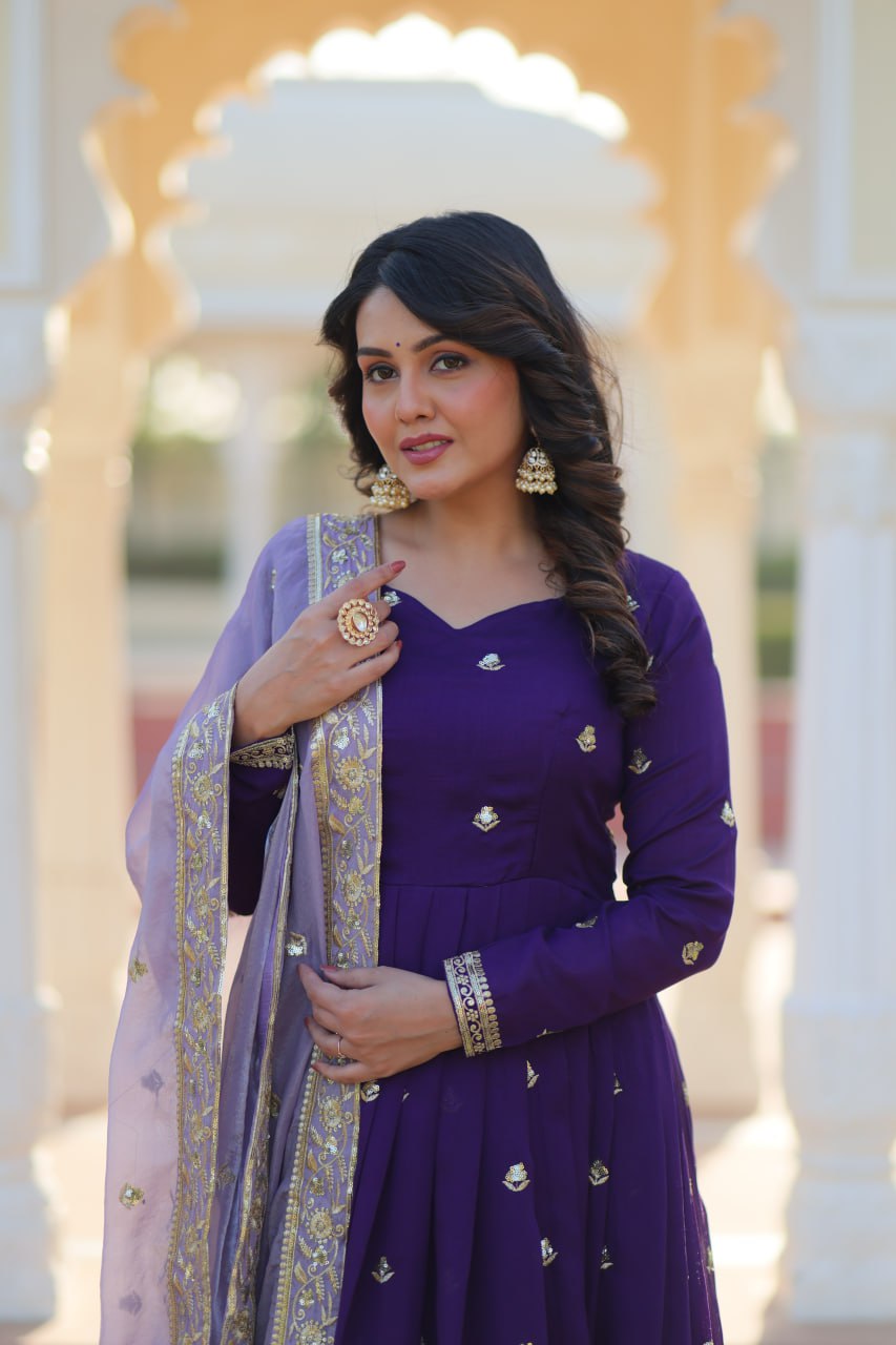 Purple Elegant Star Georgette Embroidered Gown with Fancy Neck & Designer Fendi Dupatta – Full Sleeve Flared, Lined Cotton Inner