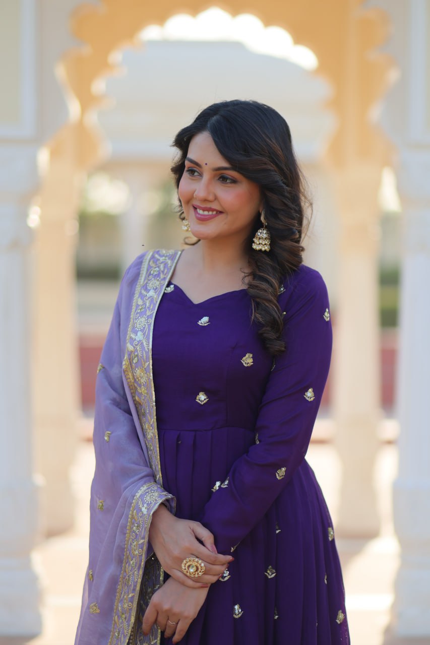 Purple Elegant Star Georgette Embroidered Gown with Fancy Neck & Designer Fendi Dupatta – Full Sleeve Flared, Lined Cotton Inner