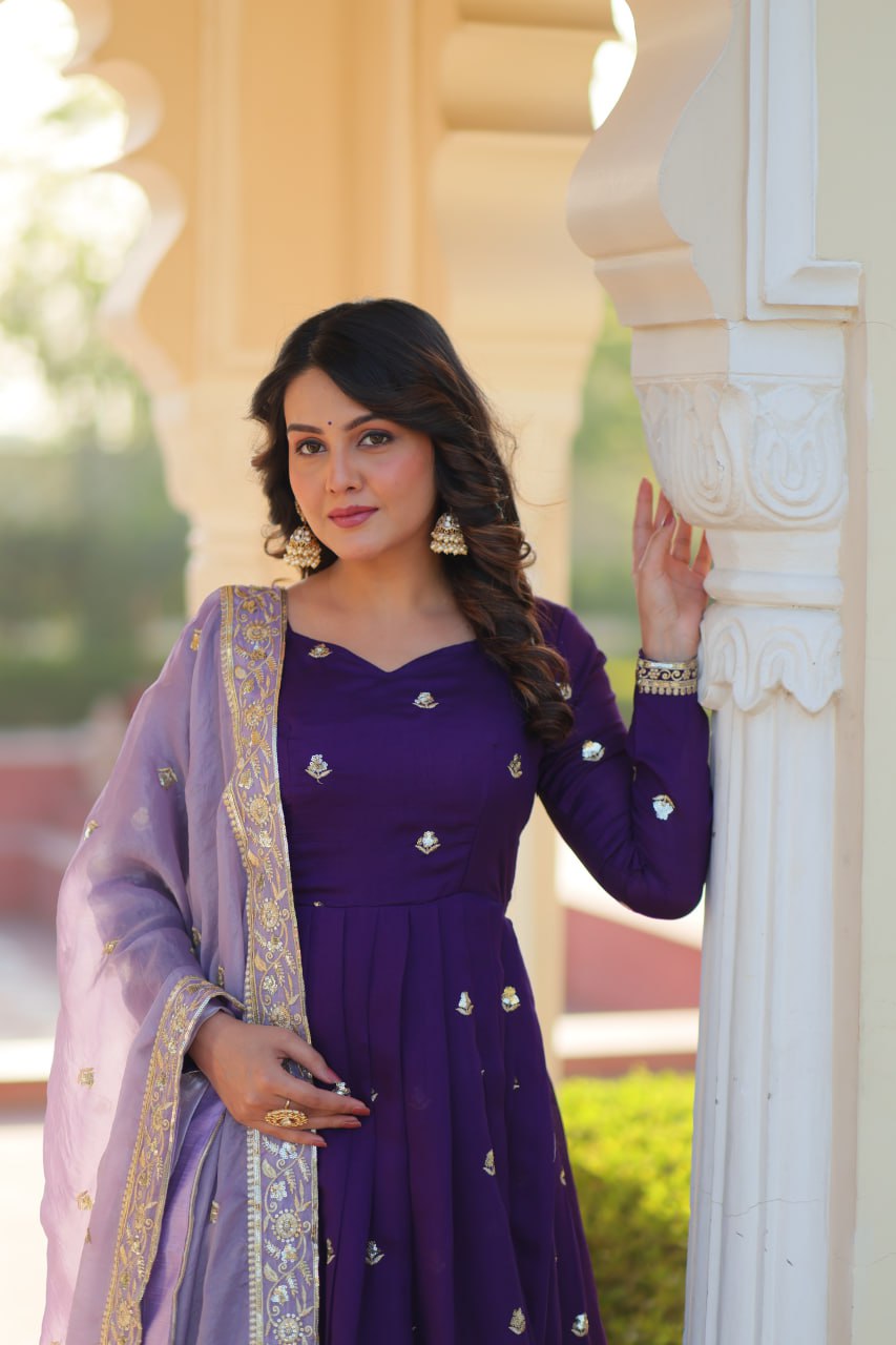 Purple Elegant Star Georgette Embroidered Gown with Fancy Neck & Designer Fendi Dupatta – Full Sleeve Flared, Lined Cotton Inner
