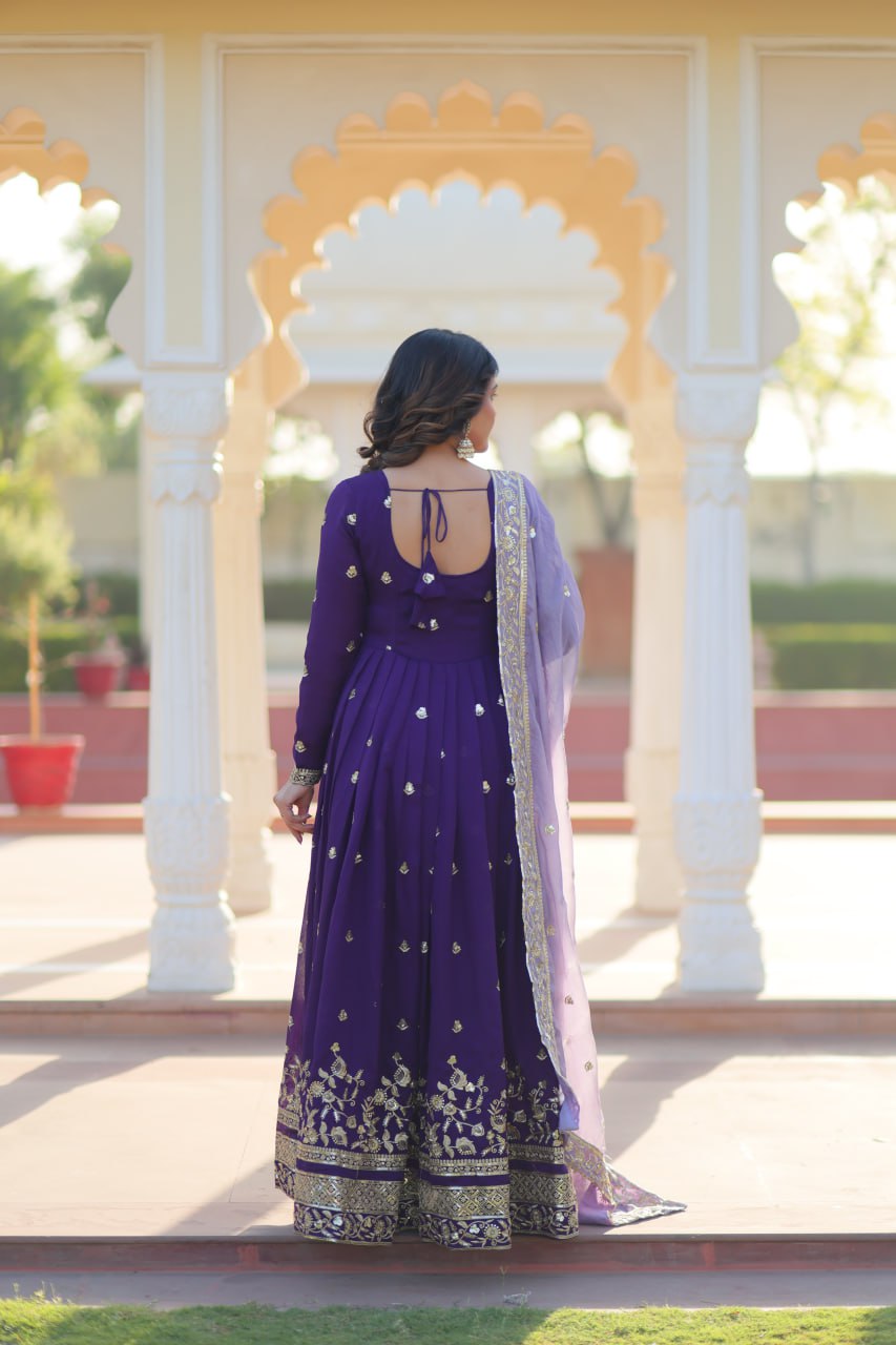 Purple Elegant Star Georgette Embroidered Gown with Fancy Neck & Designer Fendi Dupatta – Full Sleeve Flared, Lined Cotton Inner