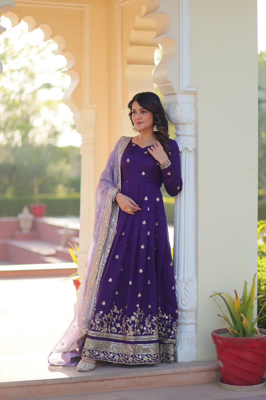 Purple Elegant Star Georgette Embroidered Gown with Fancy Neck & Designer Fendi Dupatta – Full Sleeve Flared, Lined Cotton Inner