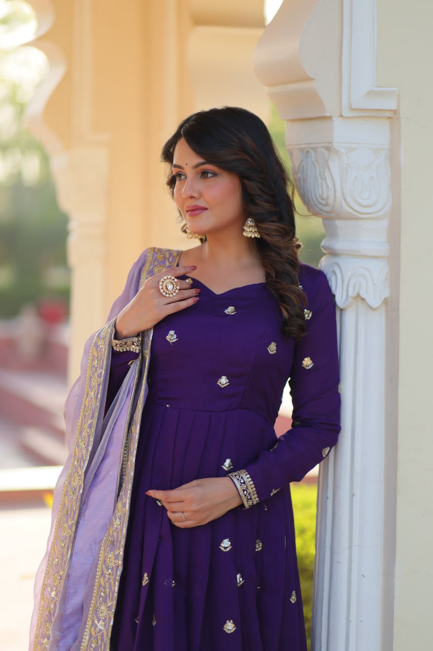 Purple Elegant Star Georgette Embroidered Gown with Fancy Neck & Designer Fendi Dupatta – Full Sleeve Flared, Lined Cotton Inner