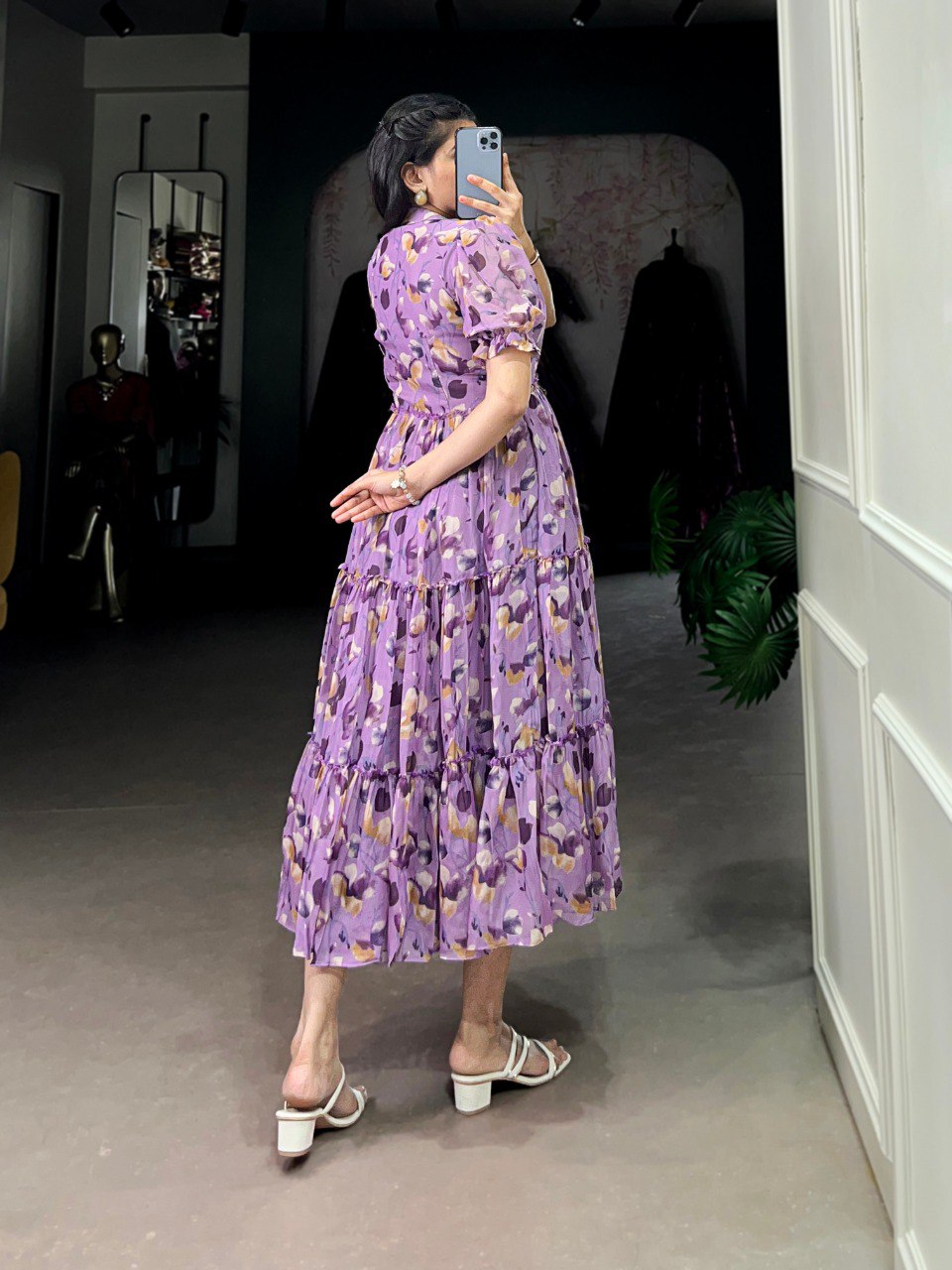 Purple Elegant Tabby Silk Printed Frock – A Timeless Statement of Sophistication