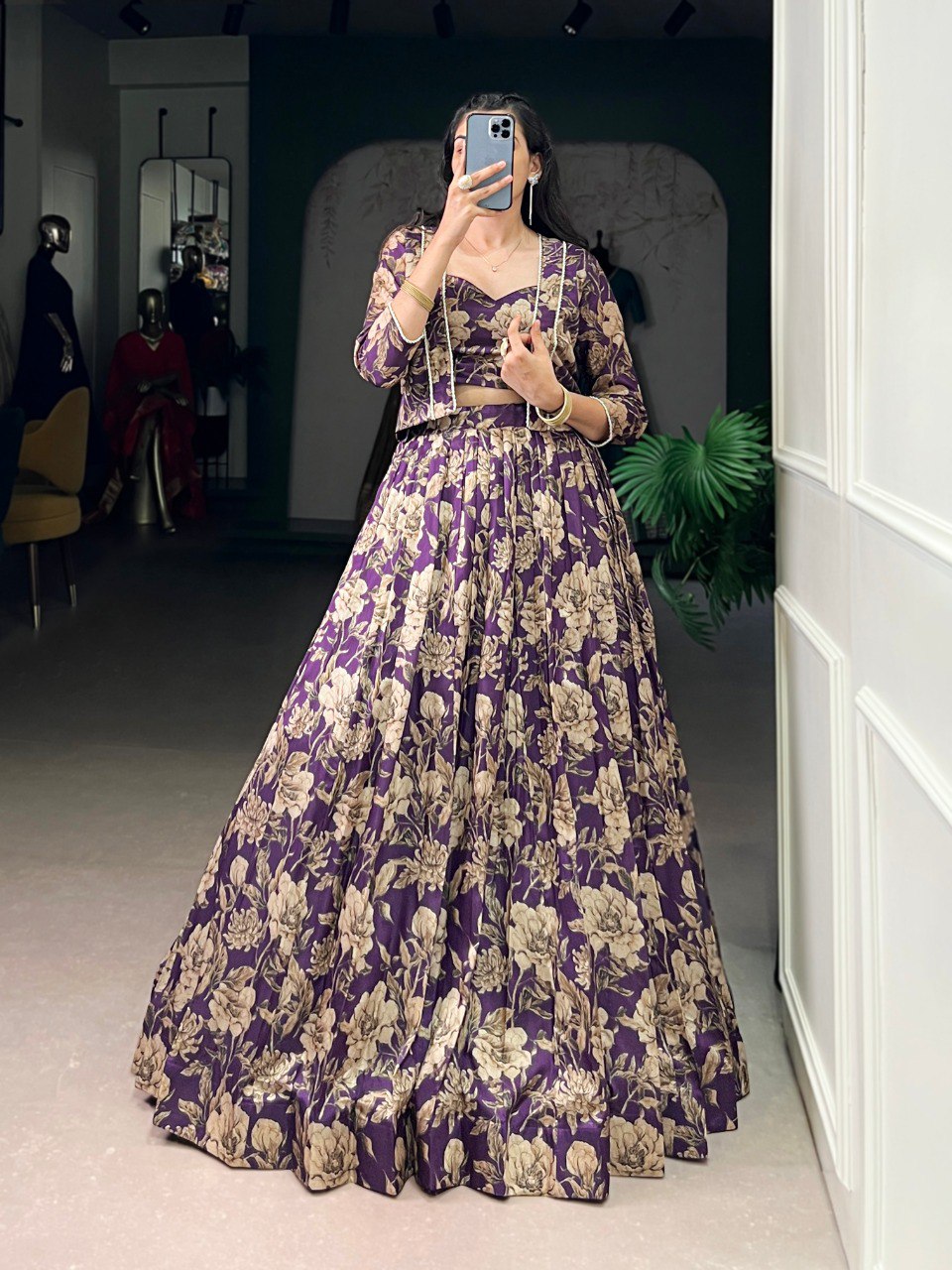 Purple Elegant Tasar Silk Floral Printed Lehenga Choli with Matching Koti – Stitched Traditional Ensemble with Lace Detailing