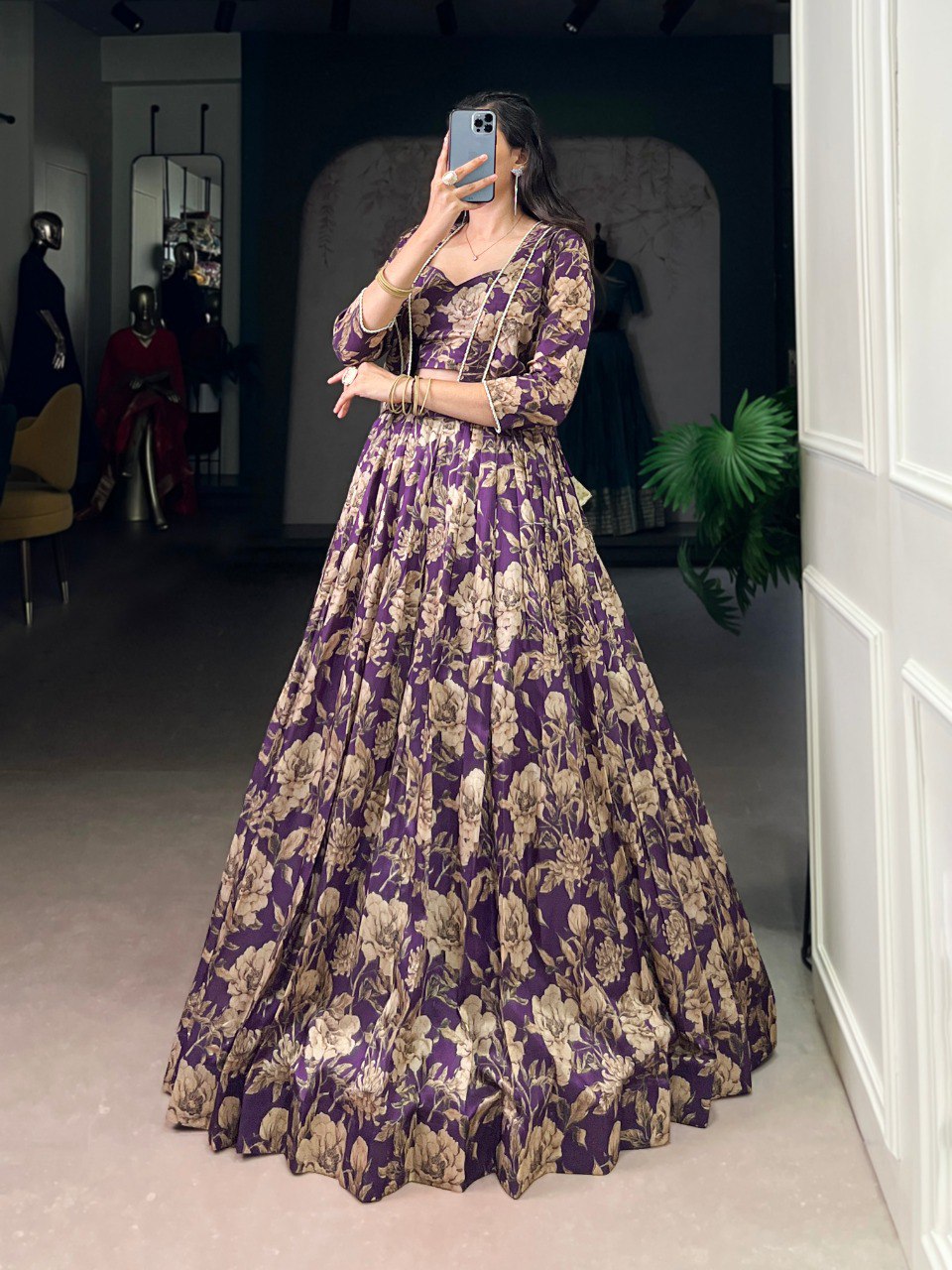 Purple Elegant Tasar Silk Floral Printed Lehenga Choli with Matching Koti – Stitched Traditional Ensemble with Lace Detailing