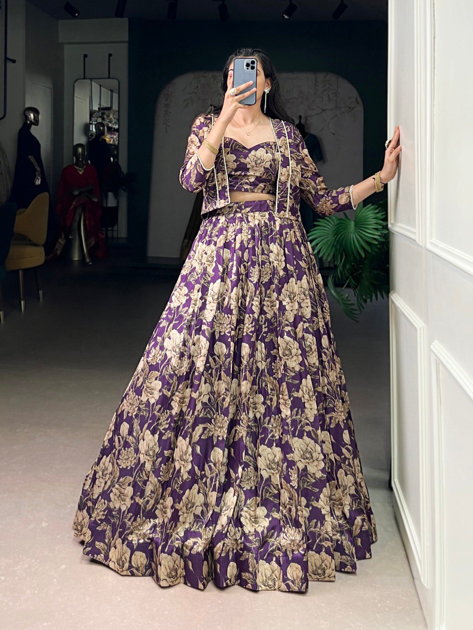 Purple Elegant Tasar Silk Floral Printed Lehenga Choli with Matching Koti – Stitched Traditional Ensemble with Lace Detailing