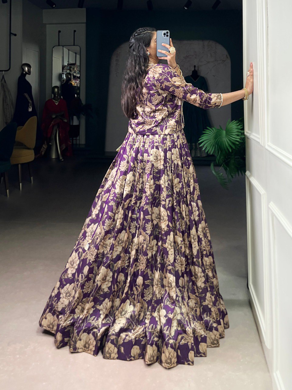 Purple Elegant Tasar Silk Floral Printed Lehenga Choli with Matching Koti – Stitched Traditional Ensemble with Lace Detailing