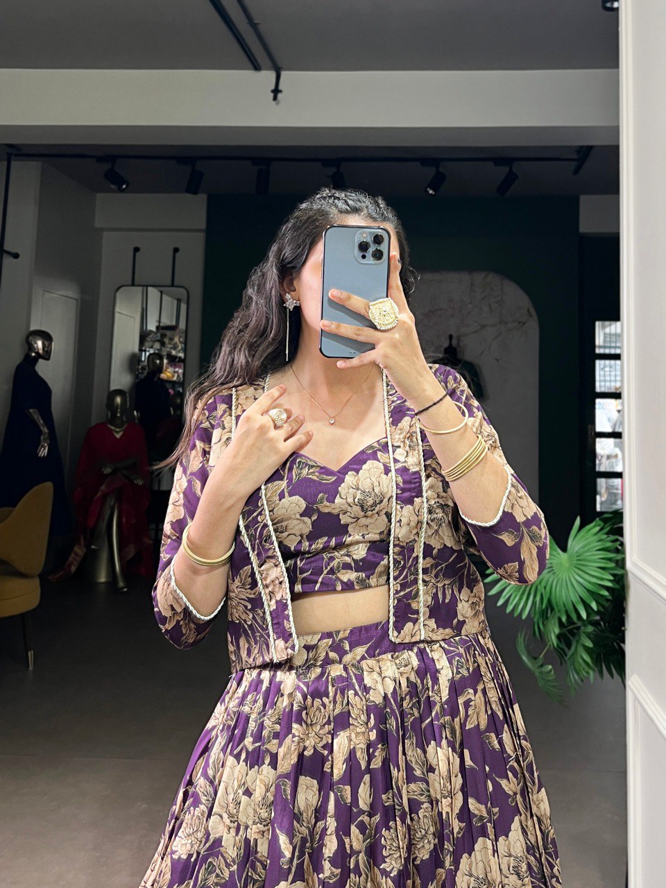 Purple Elegant Tasar Silk Floral Printed Lehenga Choli with Matching Koti – Stitched Traditional Ensemble with Lace Detailing