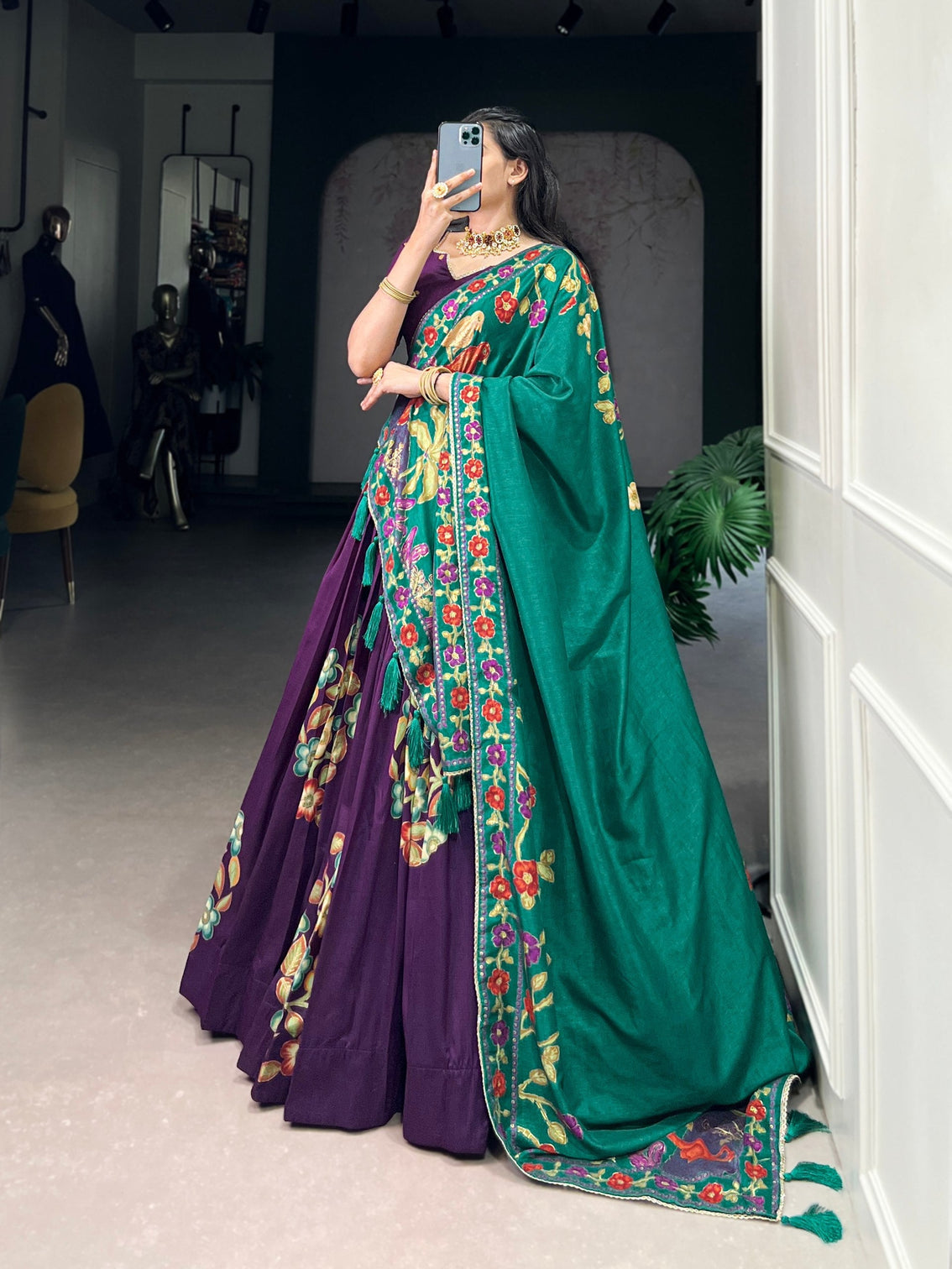 Purple Elegant Tussar Silk Printed Lehenga Set with Foil Work & Gotta Patti Dupatta