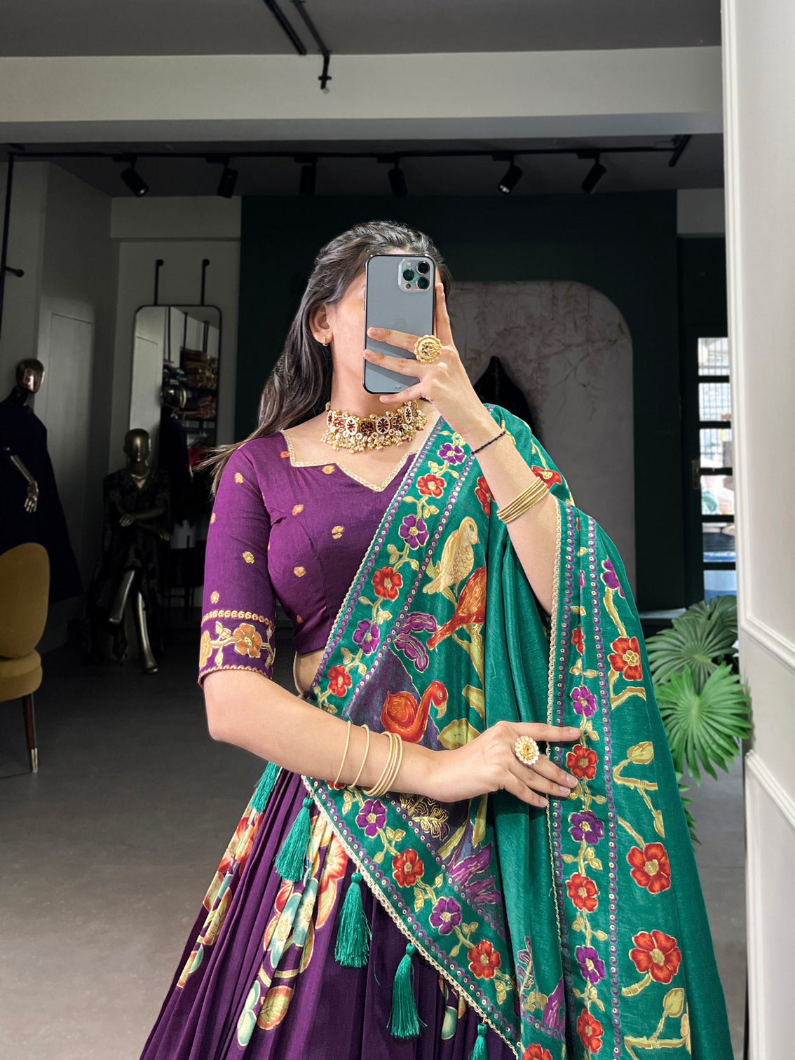 Purple Elegant Tussar Silk Printed Lehenga Set with Foil Work & Gotta Patti Dupatta