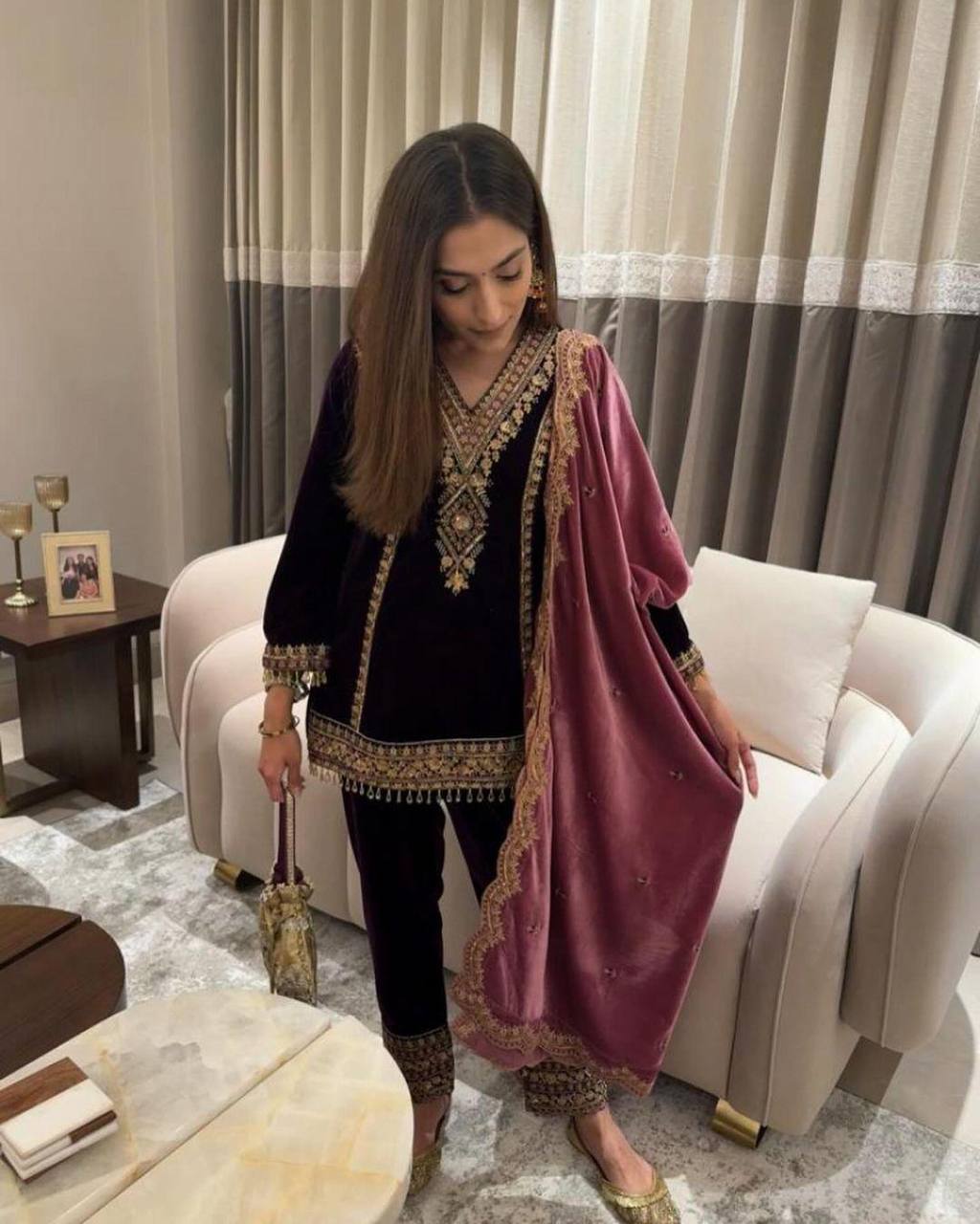 Purple Elegant Velvet Ensemble – Luxe Thread & Sequin Work