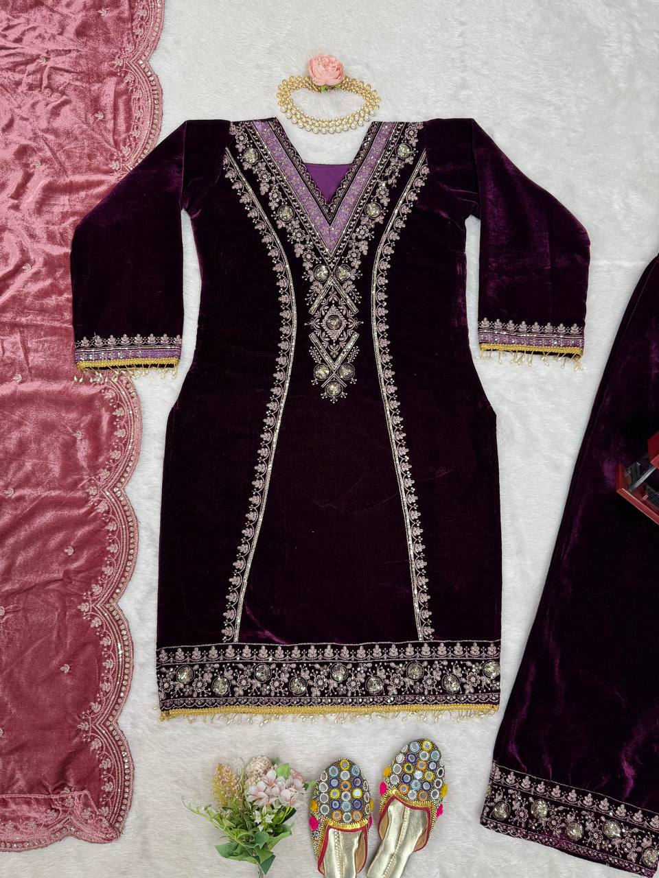 Purple Elegant Velvet Ensemble – Luxe Thread & Sequin Work