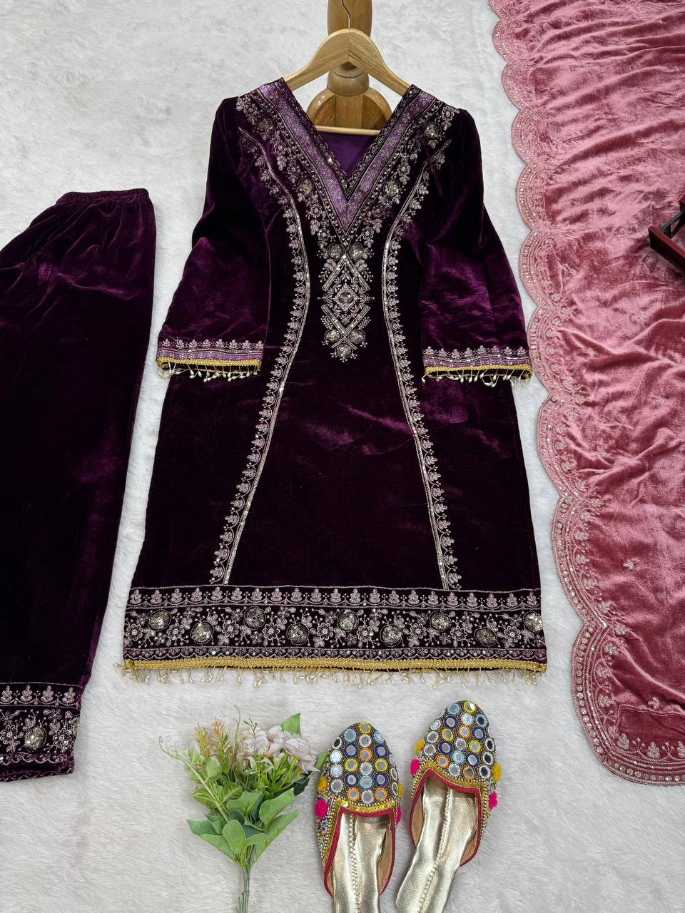 Purple Elegant Velvet Ensemble – Luxe Thread & Sequin Work