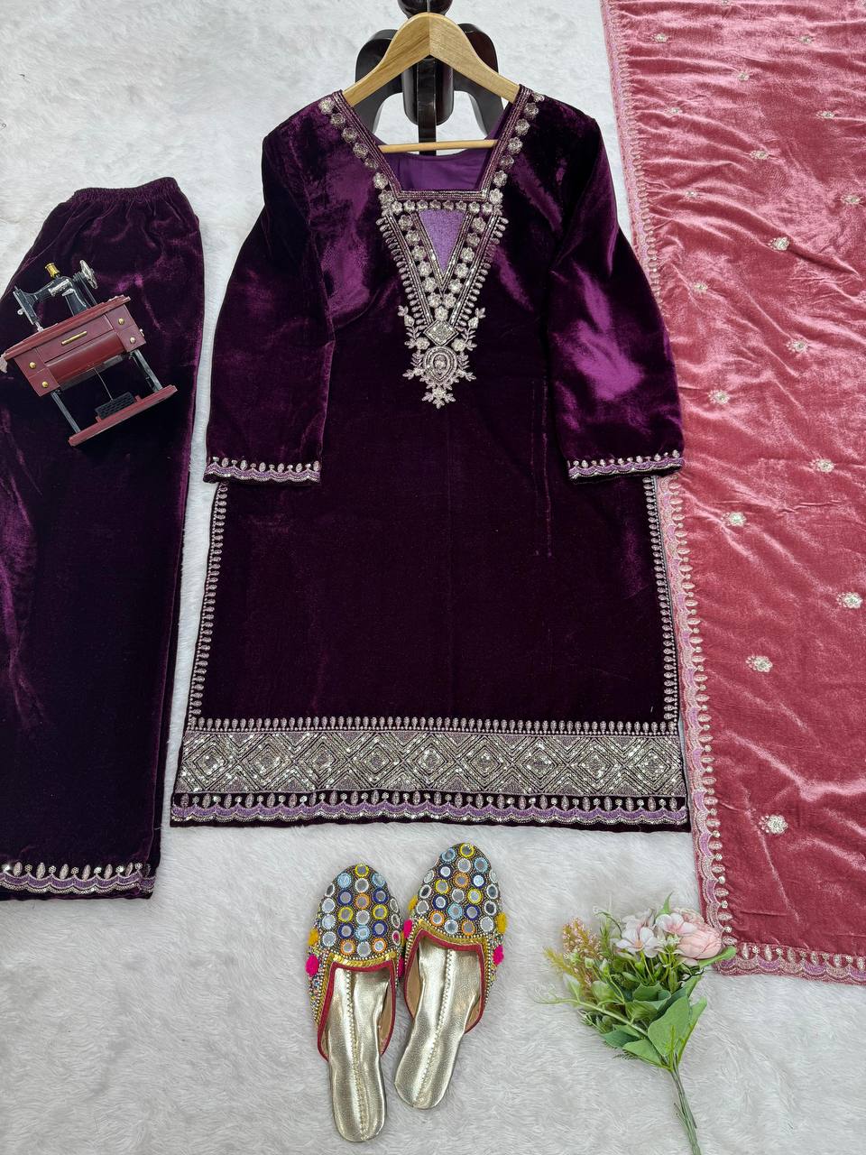 Purple Elegant Velvet Ensemble – Luxe Thread & Sequin Work
