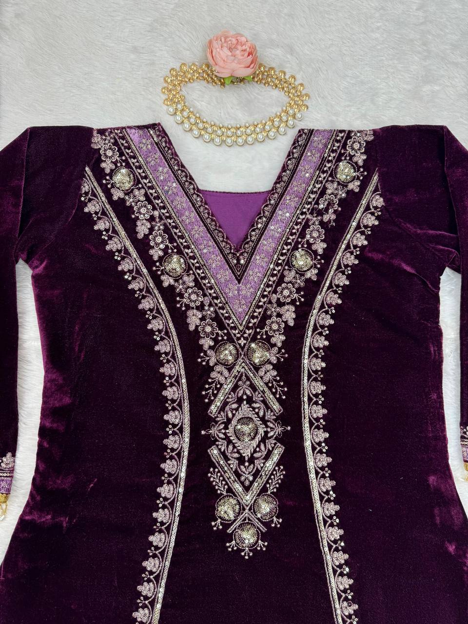 Purple Elegant Velvet Ensemble – Luxe Thread & Sequin Work