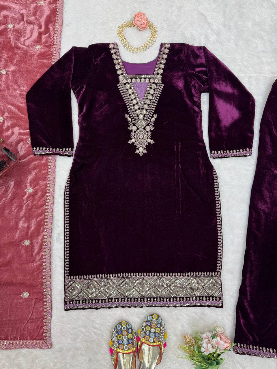 Purple Elegant Velvet Ensemble – Luxe Thread & Sequin Work