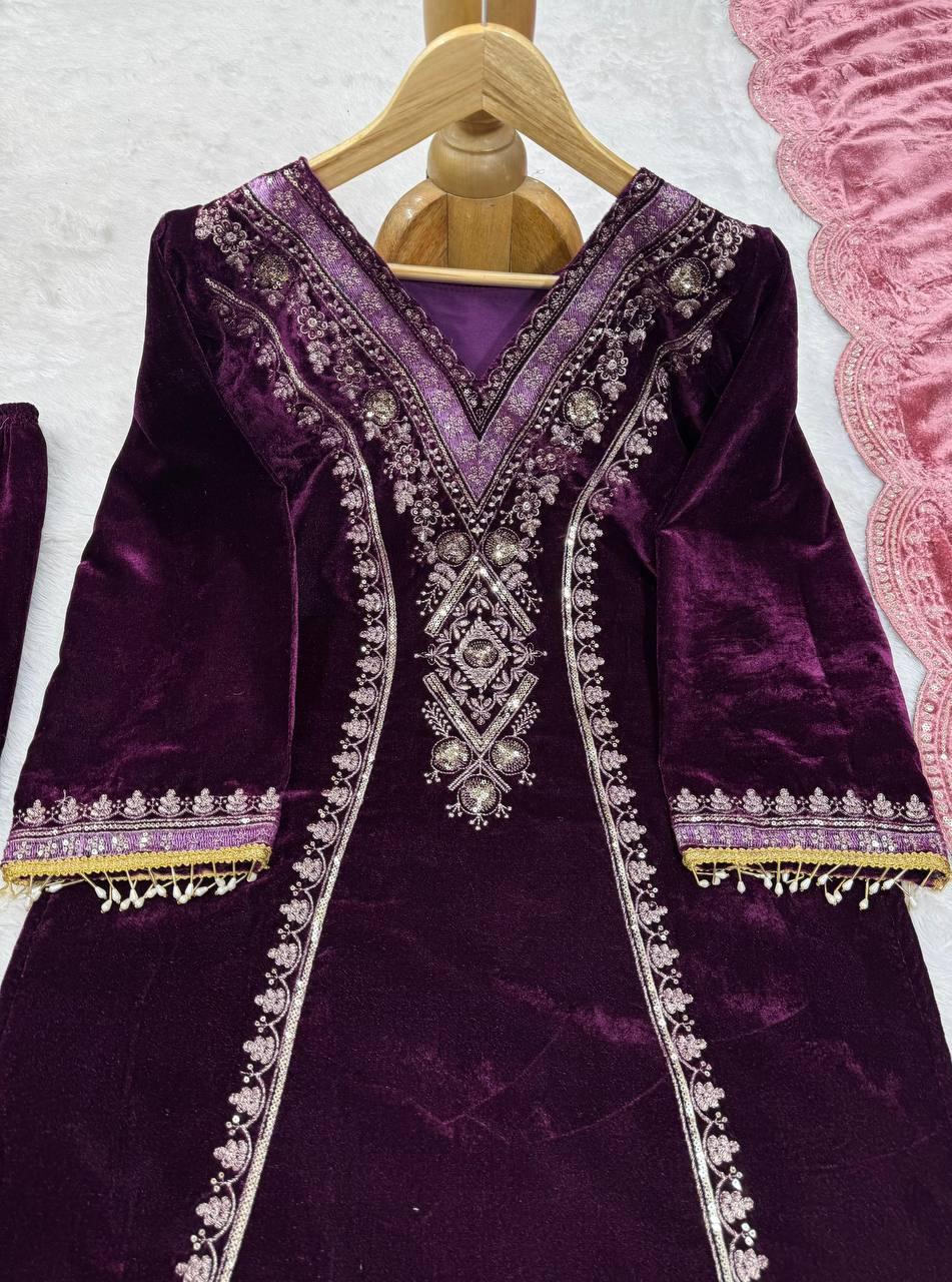 Purple Elegant Velvet Ensemble – Luxe Thread & Sequin Work