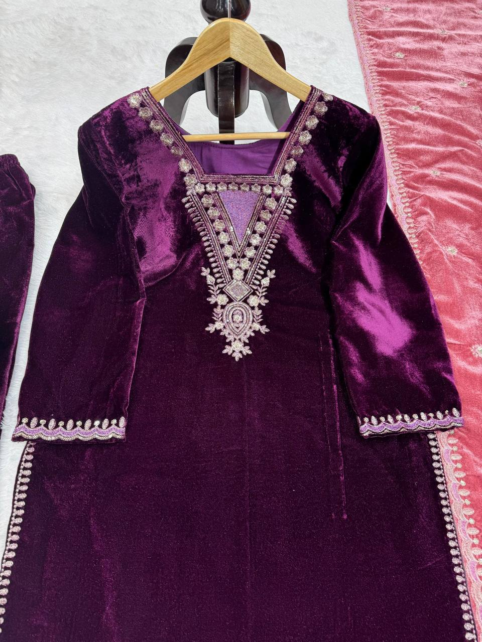 Purple Elegant Velvet Ensemble – Luxe Thread & Sequin Work