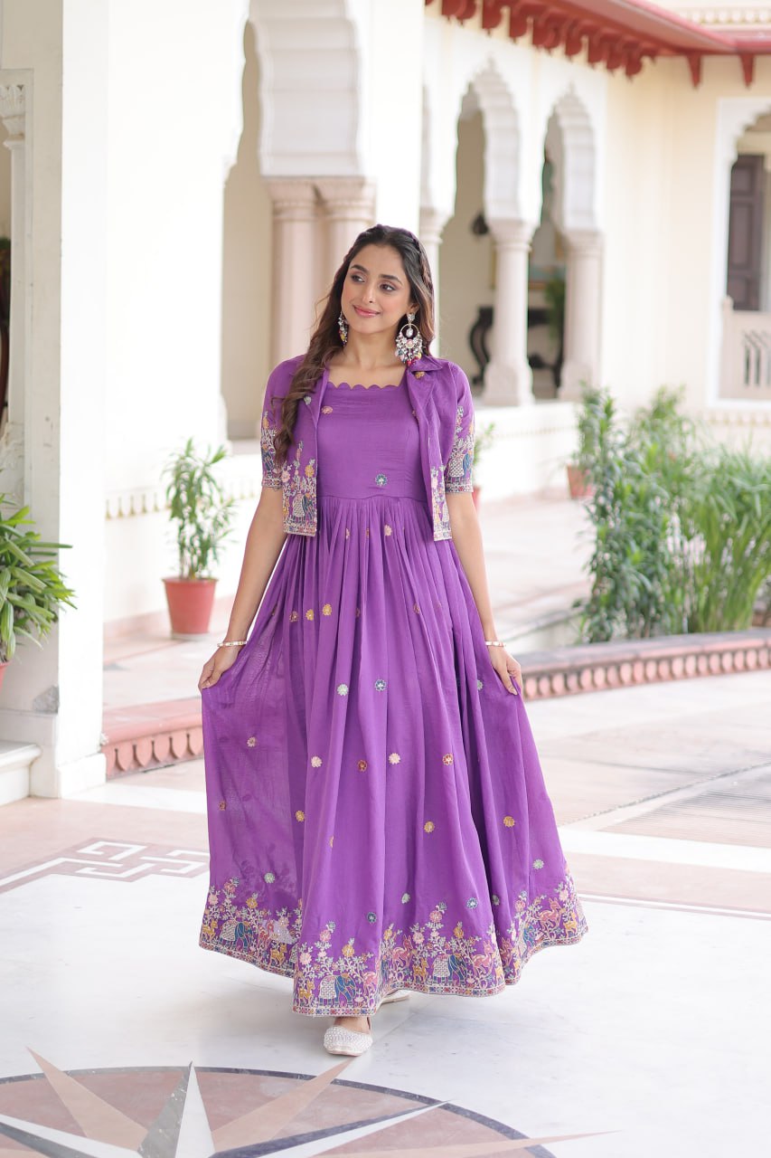 Purple Elegant Vichitra Silk Embroidered Gown with Designer Sleeveless Silhouette & Embroidered Koti – Premium Stitched Ensemble
