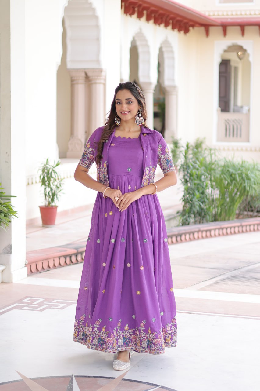 Purple Elegant Vichitra Silk Embroidered Gown with Designer Sleeveless Silhouette & Embroidered Koti – Premium Stitched Ensemble