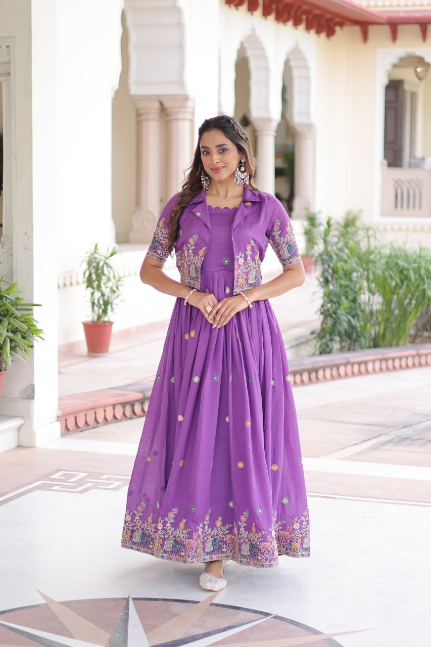 Purple Elegant Vichitra Silk Embroidered Gown with Designer Sleeveless Silhouette & Embroidered Koti – Premium Stitched Ensemble