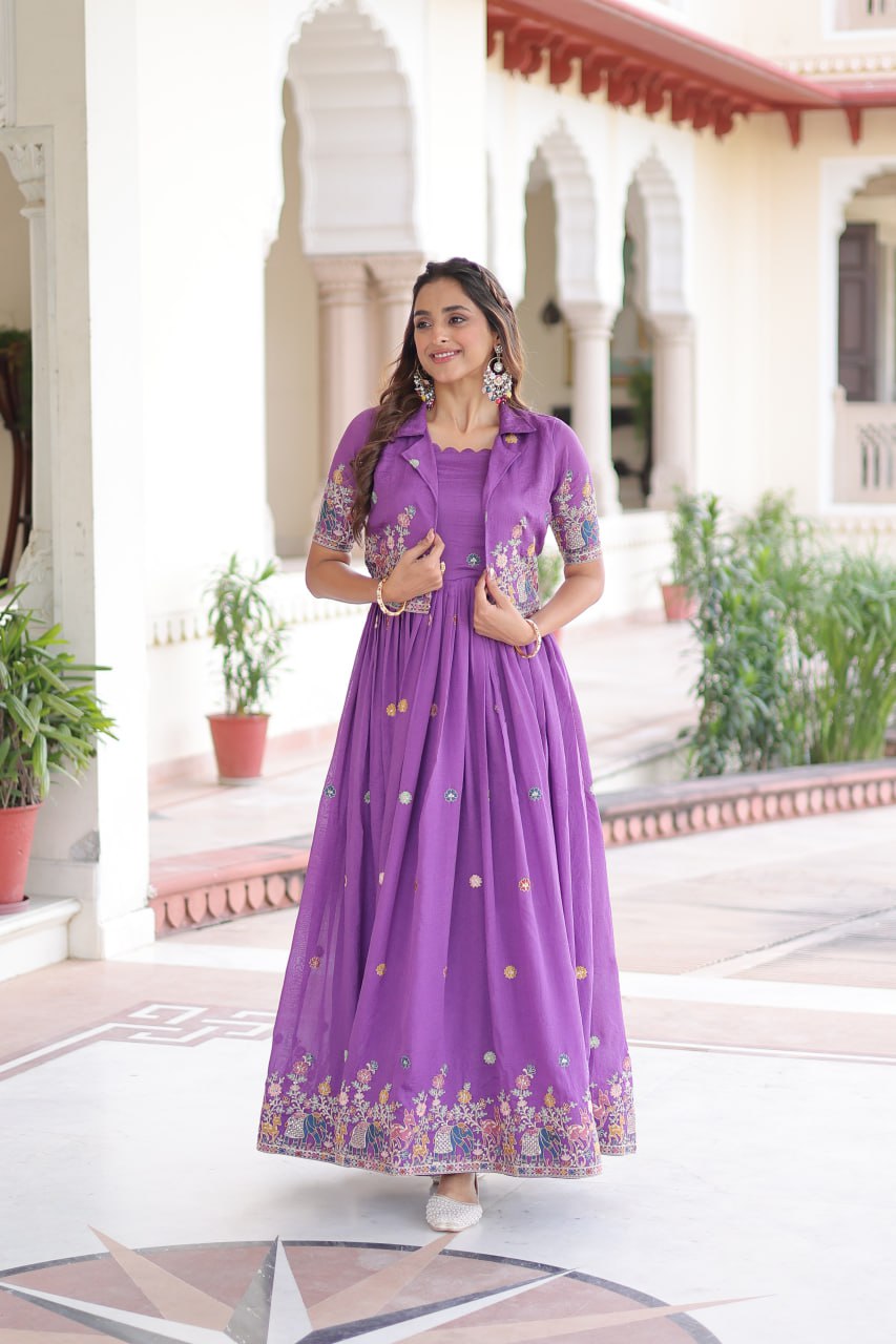 Purple Elegant Vichitra Silk Embroidered Gown with Designer Sleeveless Silhouette & Embroidered Koti – Premium Stitched Ensemble