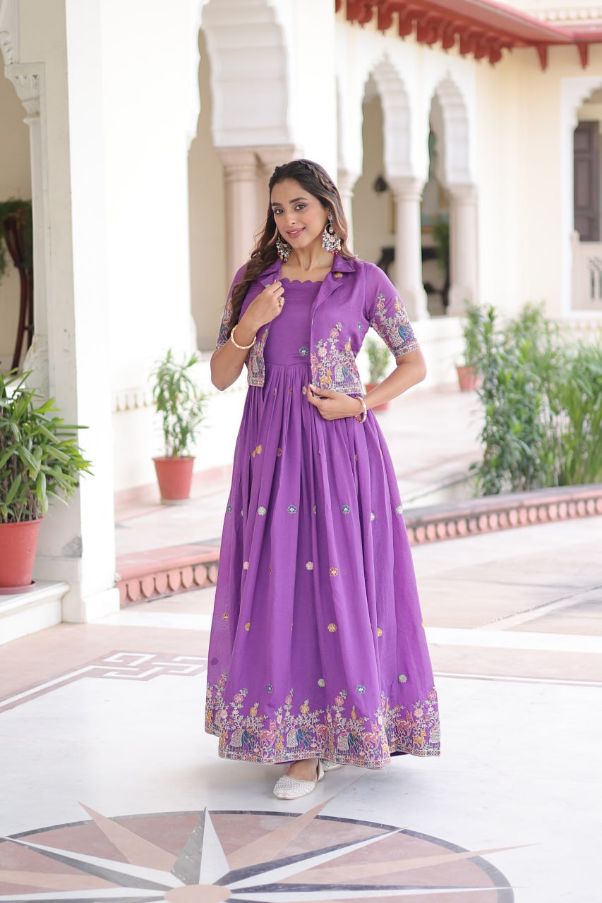 Purple Elegant Vichitra Silk Embroidered Gown with Designer Sleeveless Silhouette & Embroidered Koti – Premium Stitched Ensemble