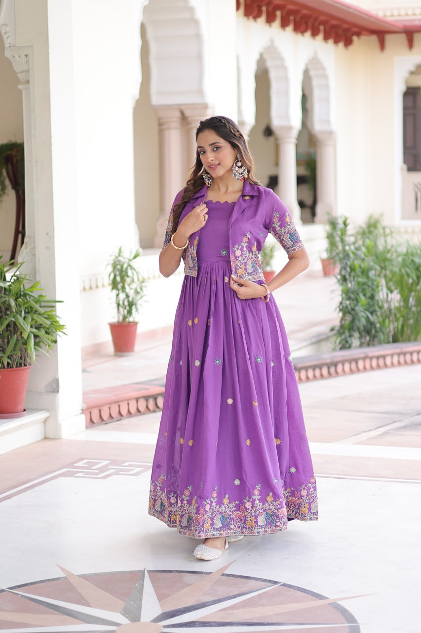 Purple Elegant Vichitra Silk Embroidered Gown with Designer Sleeveless Silhouette & Embroidered Koti – Premium Stitched Ensemble