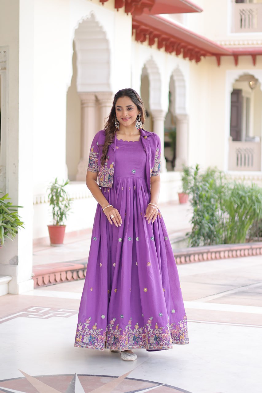Purple Elegant Vichitra Silk Embroidered Gown with Designer Sleeveless Silhouette & Embroidered Koti – Premium Stitched Ensemble