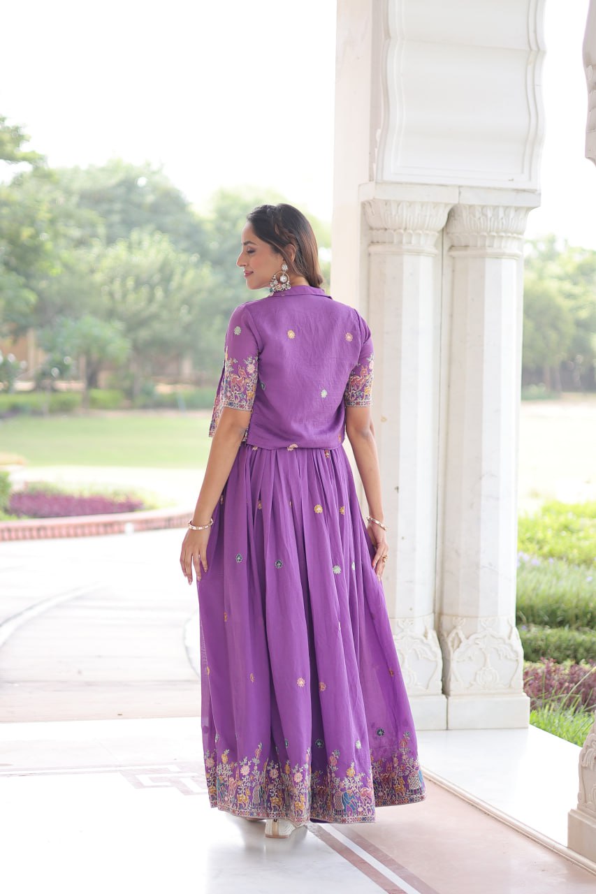 Purple Elegant Vichitra Silk Embroidered Gown with Designer Sleeveless Silhouette & Embroidered Koti – Premium Stitched Ensemble