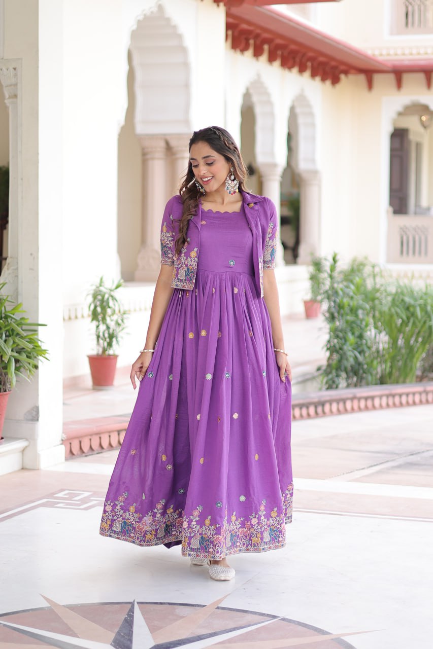 Purple Elegant Vichitra Silk Embroidered Gown with Designer Sleeveless Silhouette & Embroidered Koti – Premium Stitched Ensemble