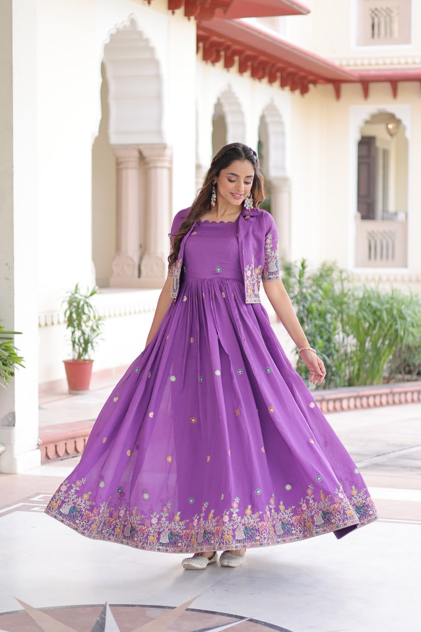 Purple Elegant Vichitra Silk Embroidered Gown with Designer Sleeveless Silhouette & Embroidered Koti – Premium Stitched Ensemble
