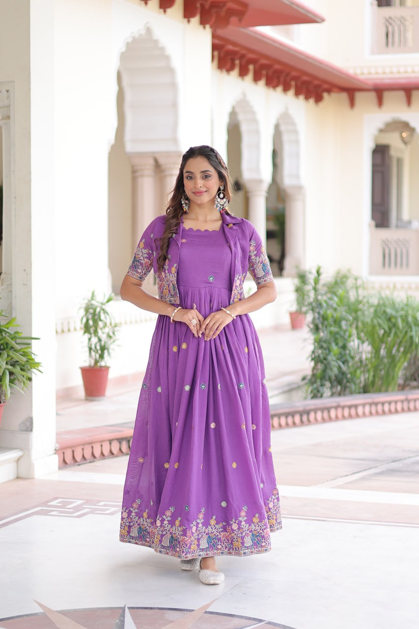Purple Elegant Vichitra Silk Embroidered Gown with Designer Sleeveless Silhouette & Embroidered Koti – Premium Stitched Ensemble