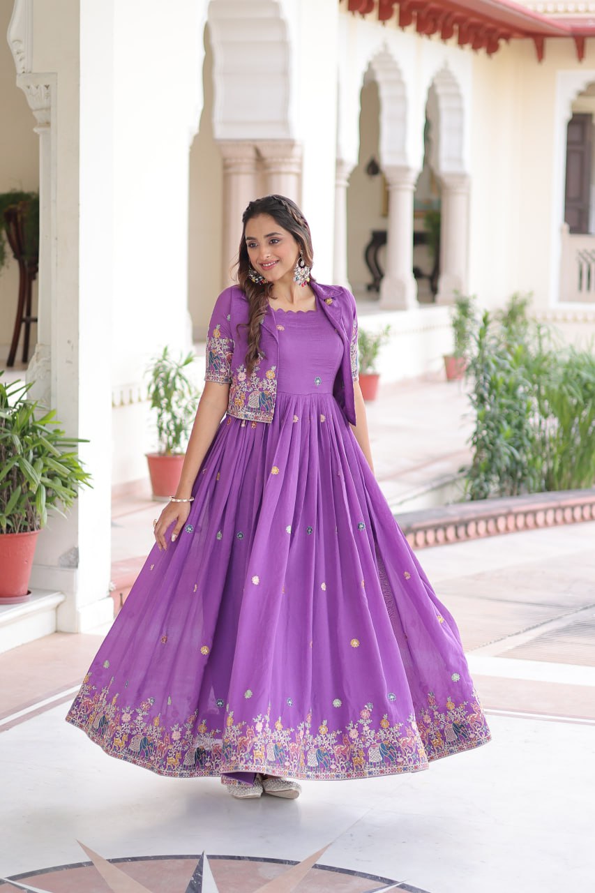Purple Elegant Vichitra Silk Embroidered Gown with Designer Sleeveless Silhouette & Embroidered Koti – Premium Stitched Ensemble