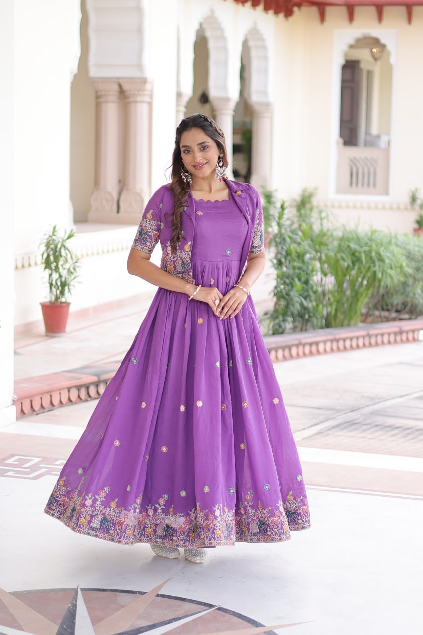 Purple Elegant Vichitra Silk Embroidered Gown with Designer Sleeveless Silhouette & Embroidered Koti – Premium Stitched Ensemble