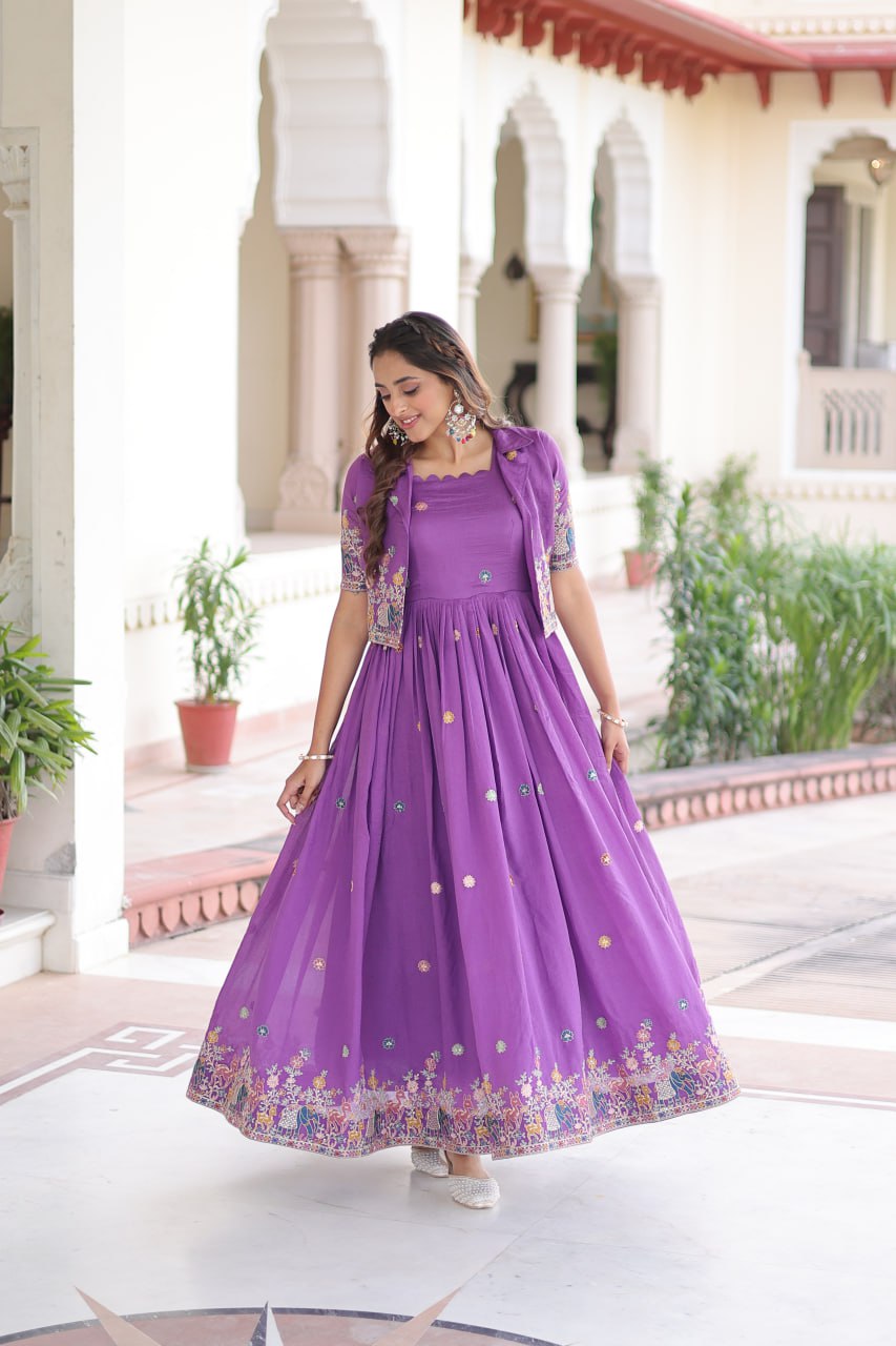 Purple Elegant Vichitra Silk Embroidered Gown with Designer Sleeveless Silhouette & Embroidered Koti – Premium Stitched Ensemble