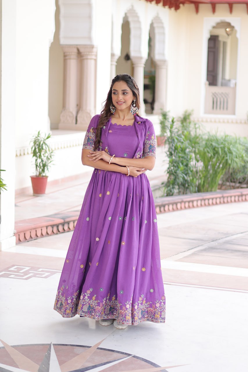 Purple Elegant Vichitra Silk Embroidered Gown with Designer Sleeveless Silhouette & Embroidered Koti – Premium Stitched Ensemble