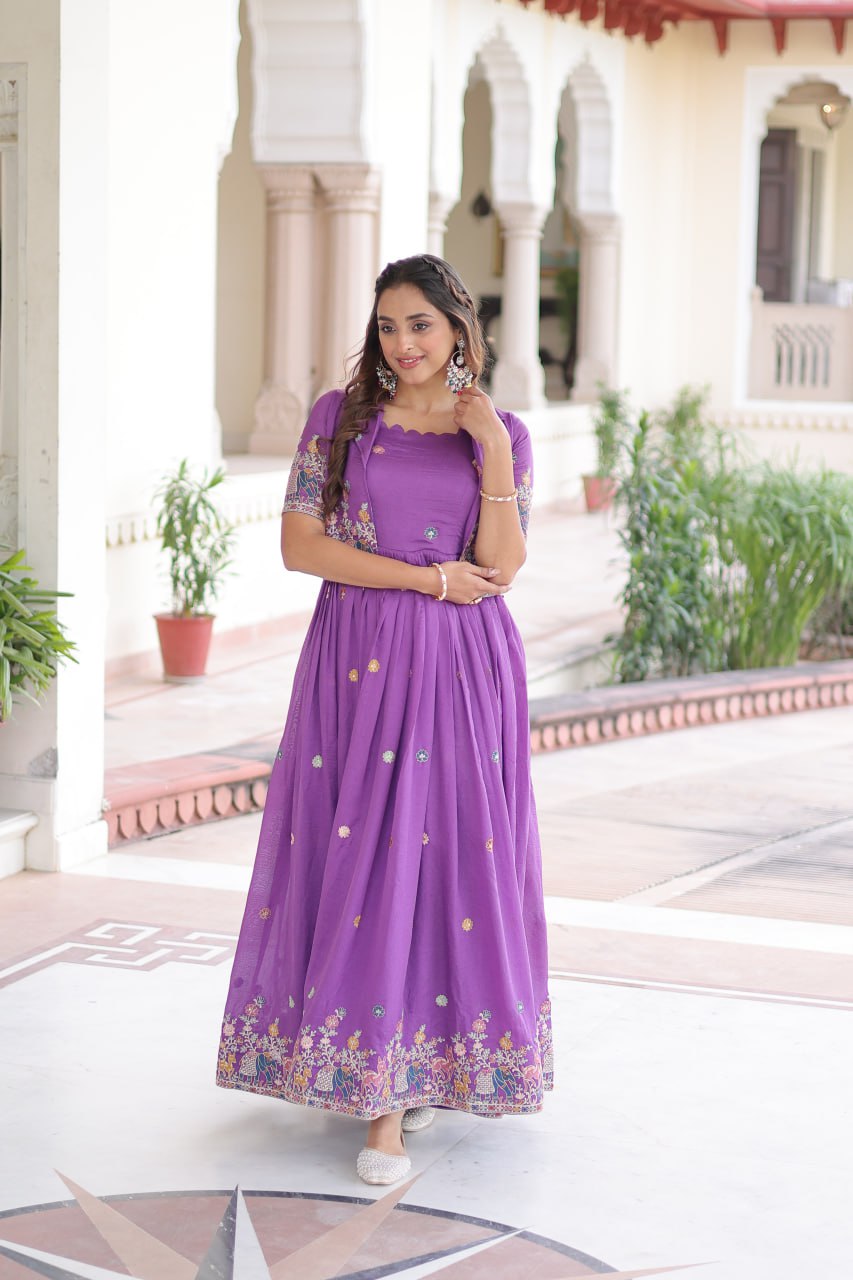 Purple Elegant Vichitra Silk Embroidered Gown with Designer Sleeveless Silhouette & Embroidered Koti – Premium Stitched Ensemble