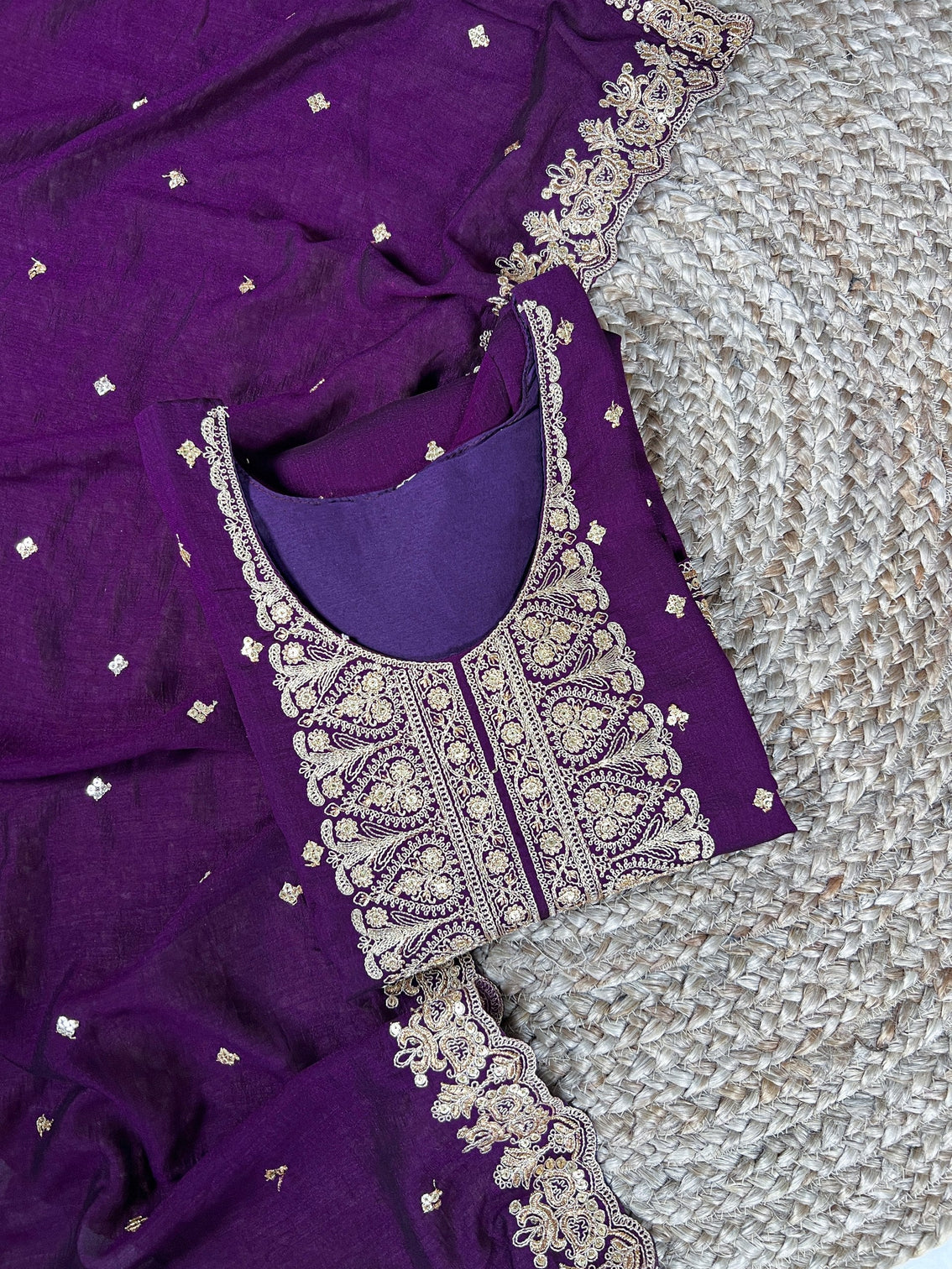 Purple Elegant Vichitra Silk Top & Bottom Set with Sequins & Thread Embroidery Work – Stitched Top, Plain Bottom, and Matching Dupatta