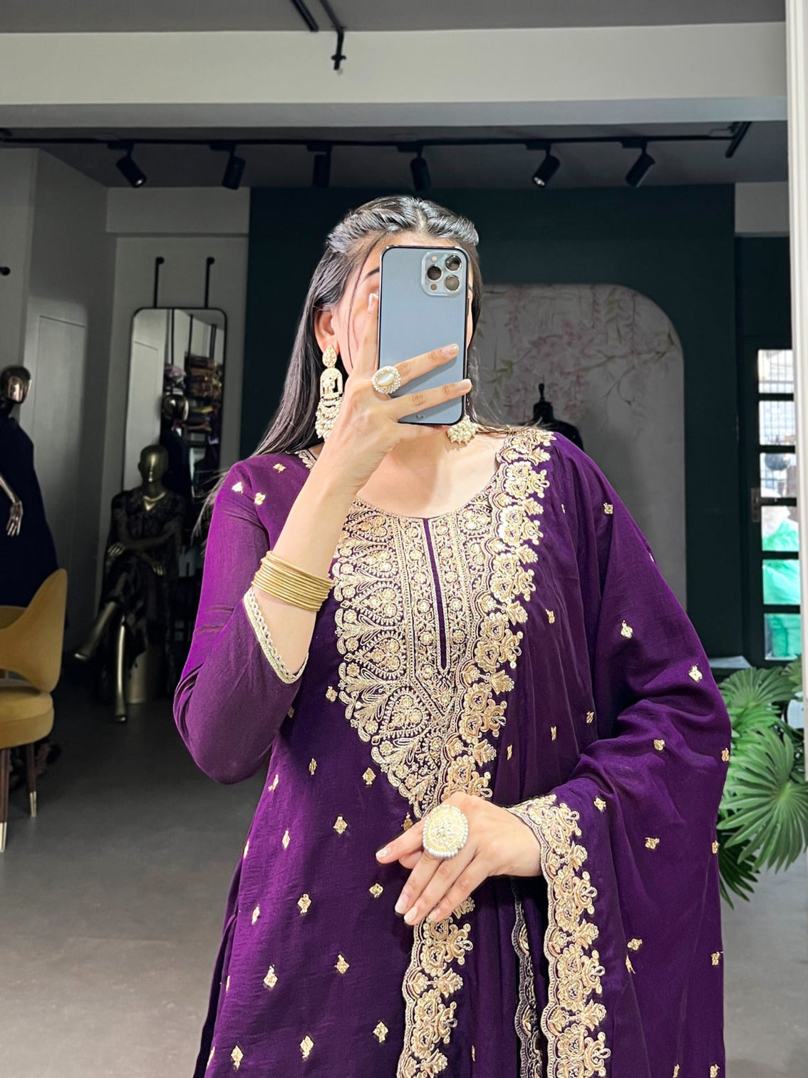 Purple Elegant Vichitra Silk Top & Bottom Set with Sequins & Thread Embroidery Work – Stitched Top, Plain Bottom, and Matching Dupatta