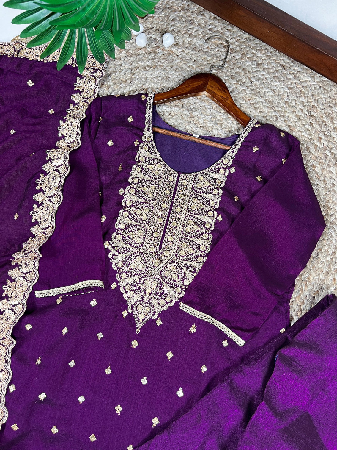 Purple Elegant Vichitra Silk Top & Bottom Set with Sequins & Thread Embroidery Work – Stitched Top, Plain Bottom, and Matching Dupatta