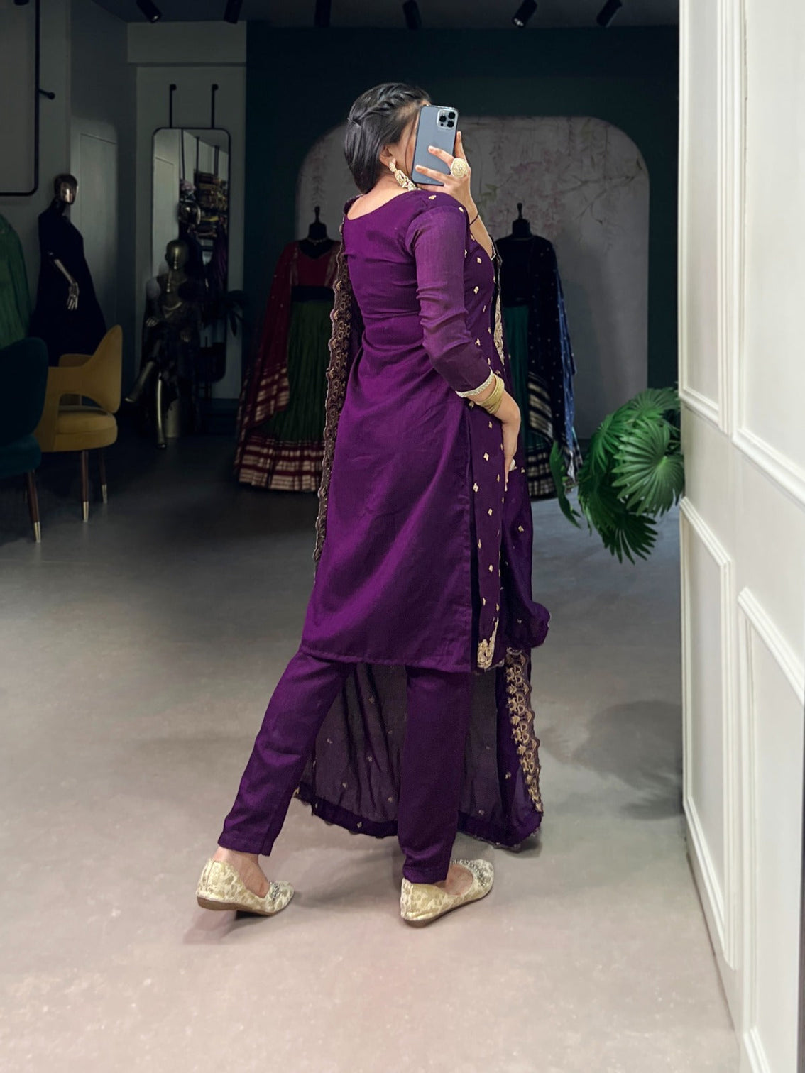 Purple Elegant Vichitra Silk Top & Bottom Set with Sequins & Thread Embroidery Work – Stitched Top, Plain Bottom, and Matching Dupatta